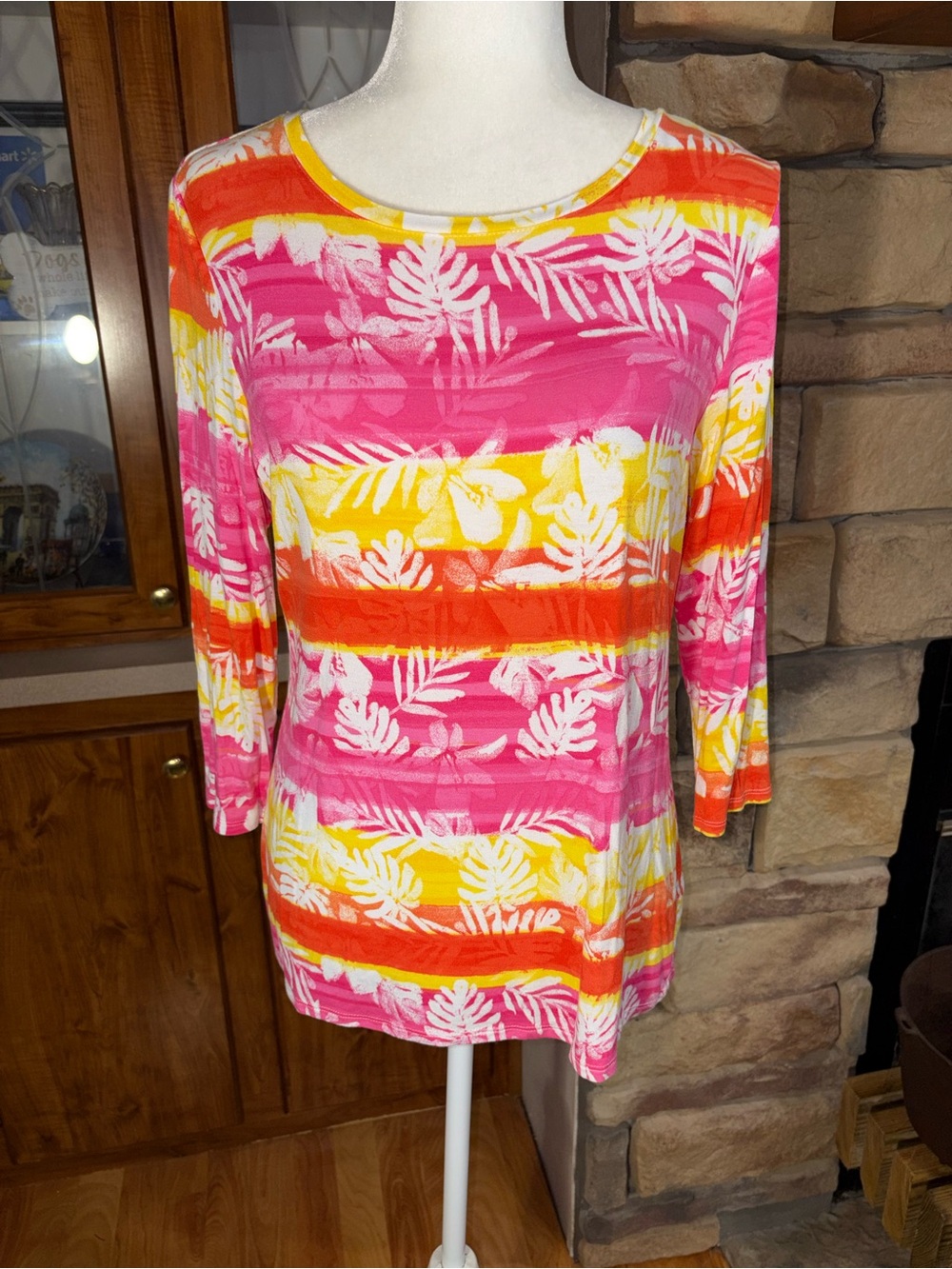 Ruby Rd. Pink & Yellow Tropical Stripe Scoop Neck Top